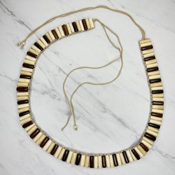 Wood Beaded Tie Belt Brown Cream Boho Statement Belt Medium (M) ✨ - Picture 1 of 14
